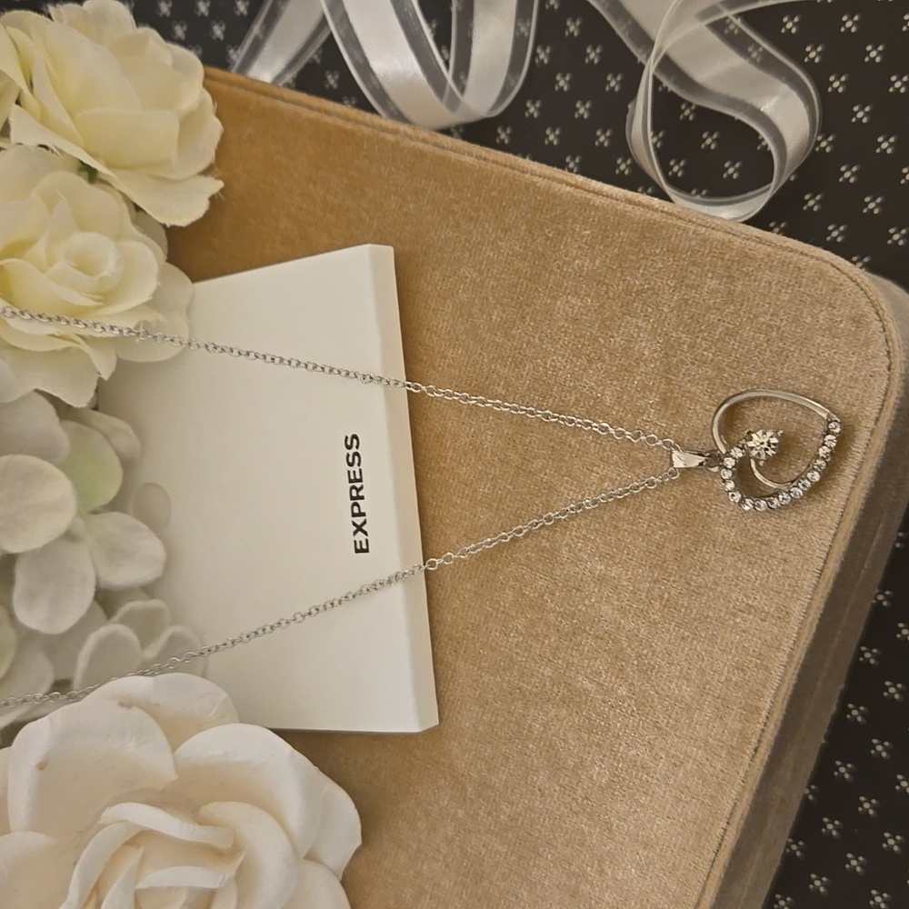 Express Silver Tone Rhinestone Crystal Floating Heart Necklace NWT